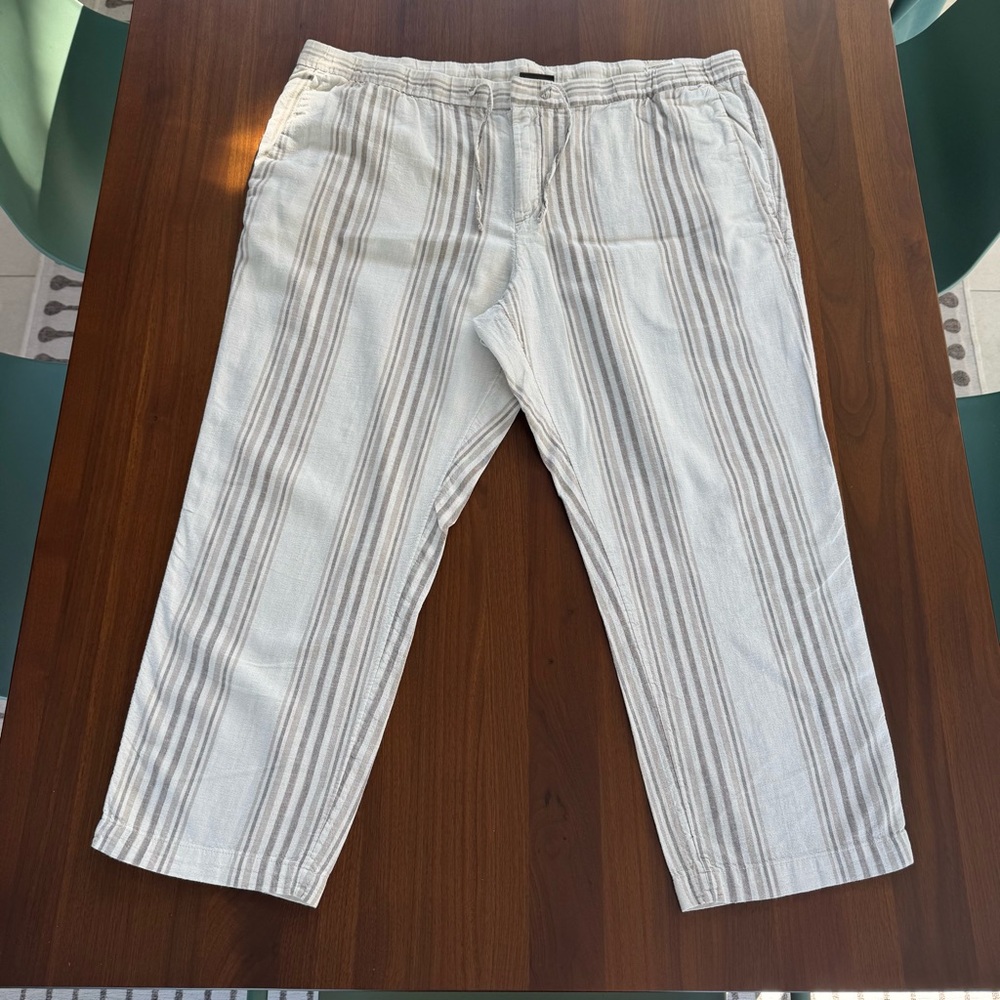 H&M Men’s Regular Fit Linen Blend Lightweight Pants | Cream Brown & Tan Stripes